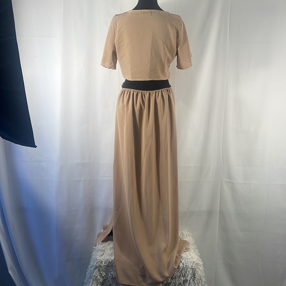Tan tie front cut out, split hem, short sleeve maxi dress, Large - Picture 5 of 13